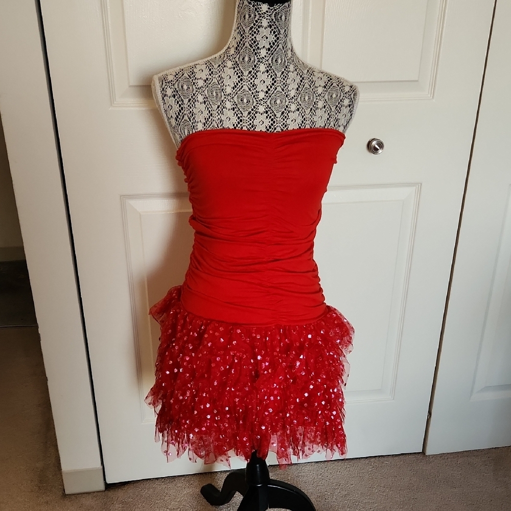 Red Strapless Dress with Tulle Skirt